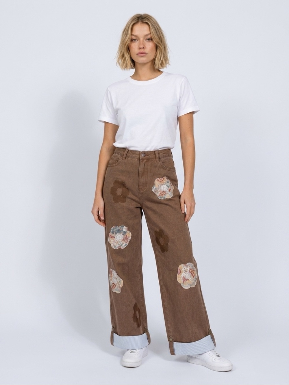 POL Brown Wide-Leg Pants with Floral Patchwork
